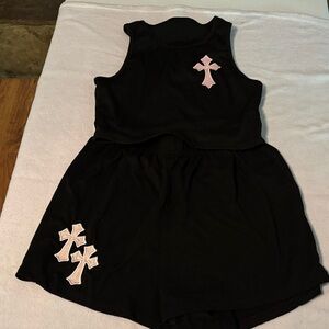 ROMWE Black Girls' Tank Romper with Pink Cross Appliques